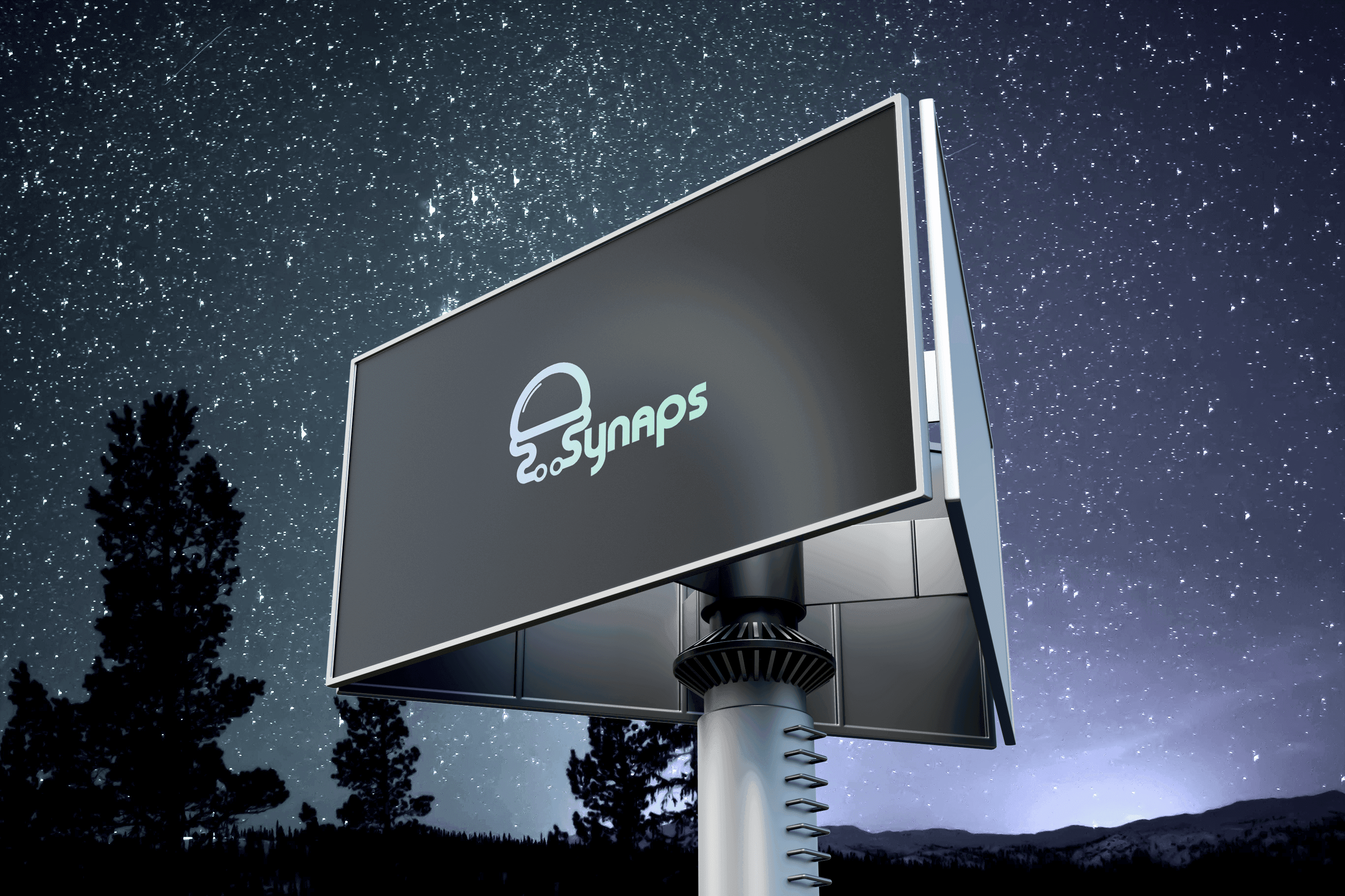 Synaps logo on a billboard against a starry night sky